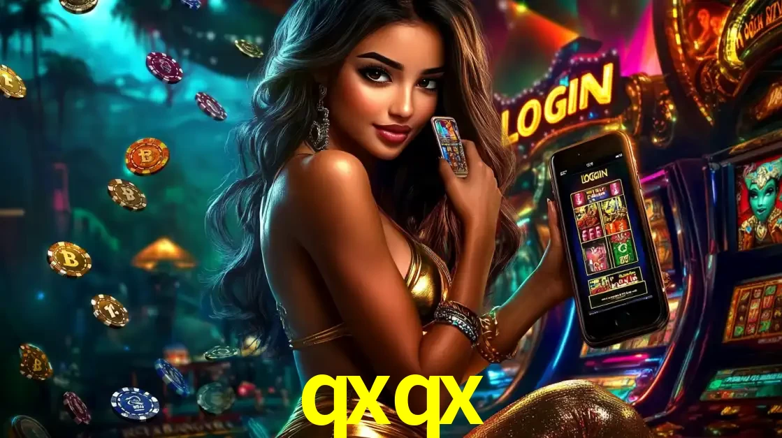 Mulher em um cenário de cassino temático de aventura, mostrando o app de caça-níqueis da qxqx no celular. Fichas de apostas flutuam ao redor.