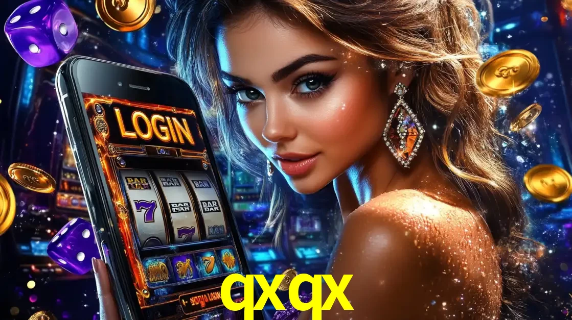 Mulher glamorosa segurando um smartphone com a tela de login para os jogos de caça-níqueis do cassino online qxqx, com moedas de ouro e dados ao redor.